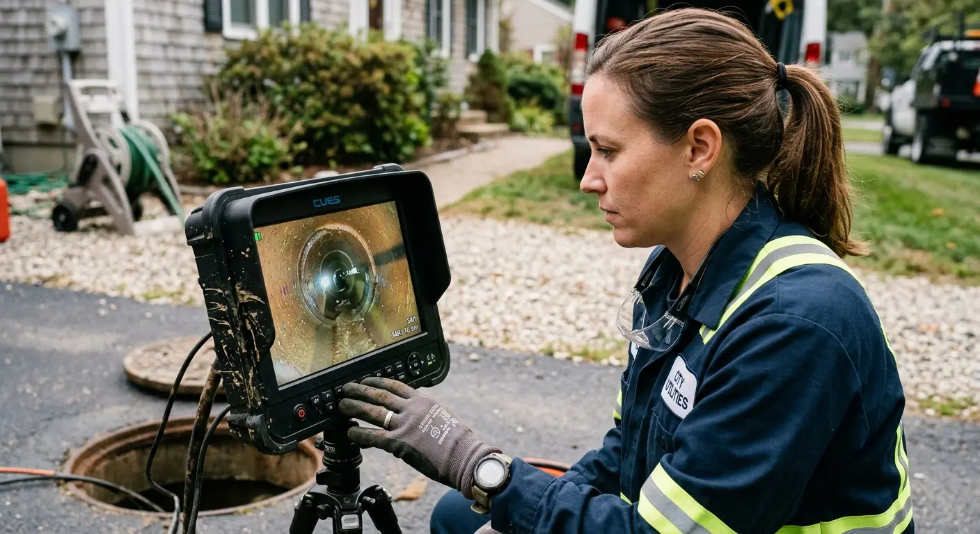Technician reviewing sewer camera inspection footage in Harrietstown