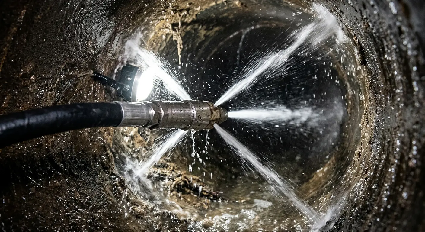 High-pressure hydro jetting nozzle cleaning sewer pipe for Emergency Drain Service in Harrietstown