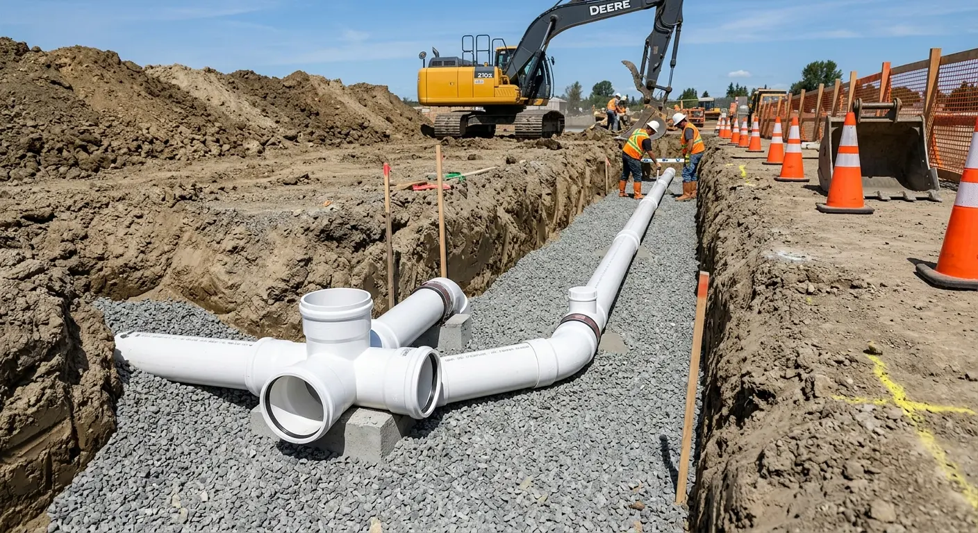 New PVC sewer pipe installation in open trench for Grease Trap Cleaning in Harrietstown