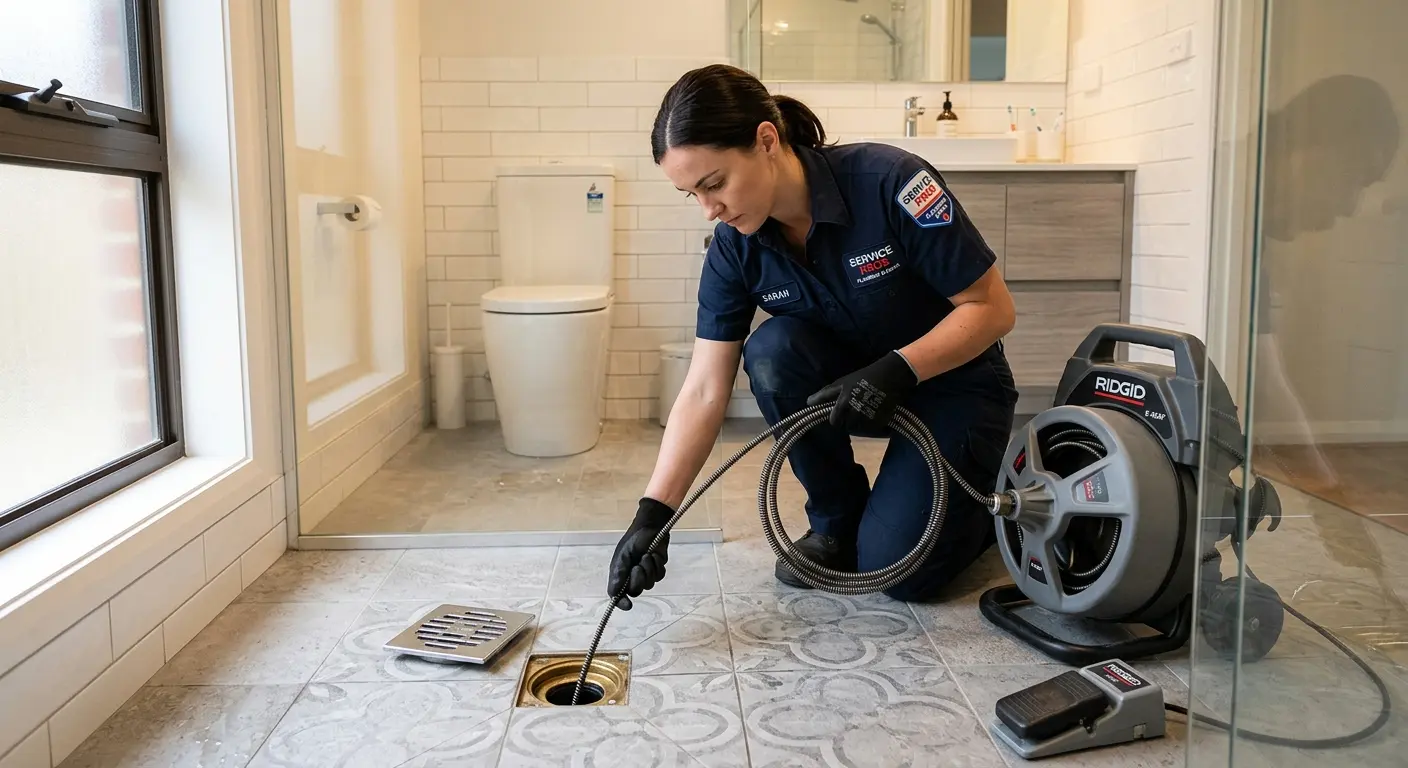 Technician clearing a bathroom floor drain for Drain Cleaning in Harrietstown
